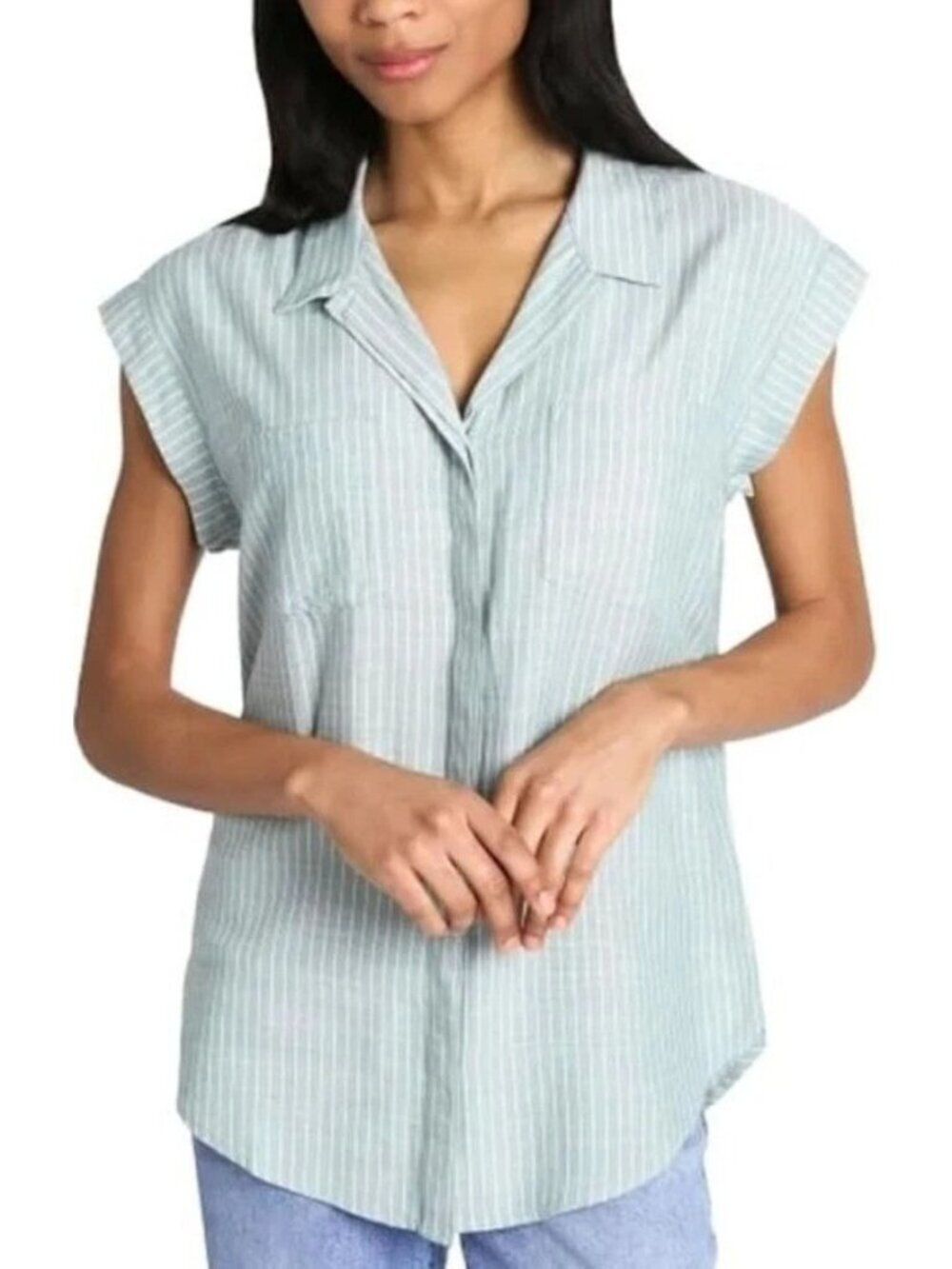 Jachs Girlfriend Women's XS Green Striped Sleeveless Rayon Button up Shirt M1064